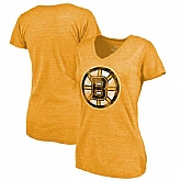 Women's Boston Bruins Distressed Team Primary Logo V Neck Tri Blend T-Shirt Gold FengYun